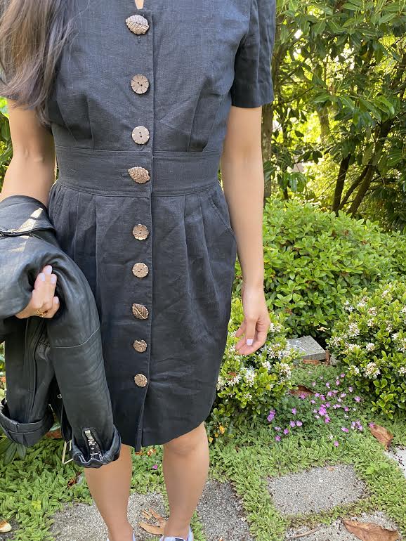 90s linen blend leaf detail dress with pockets