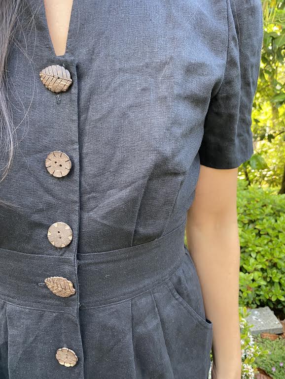 90s linen blend leaf detail dress with pockets