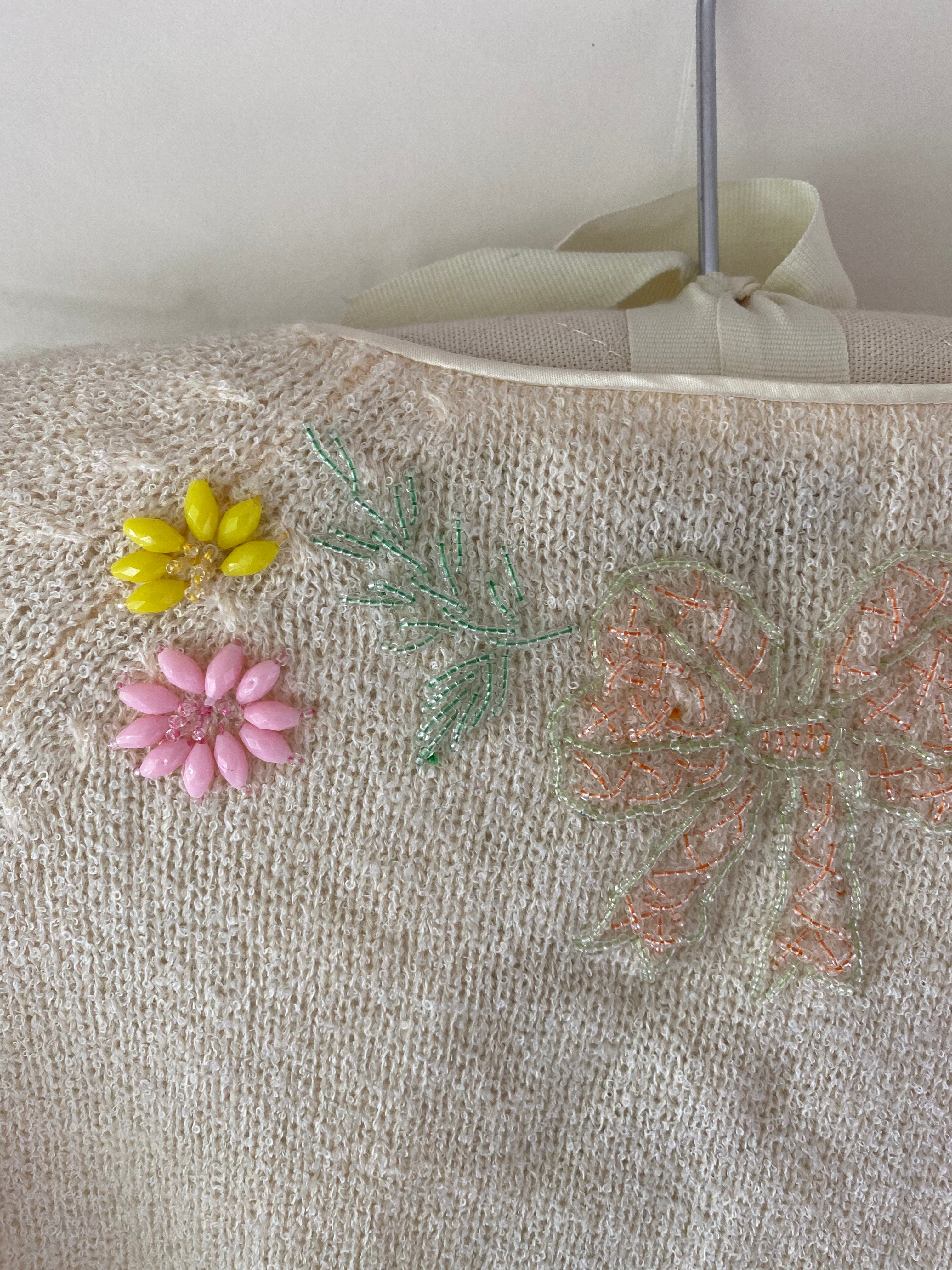 60s beaded bow and flower cream sweater